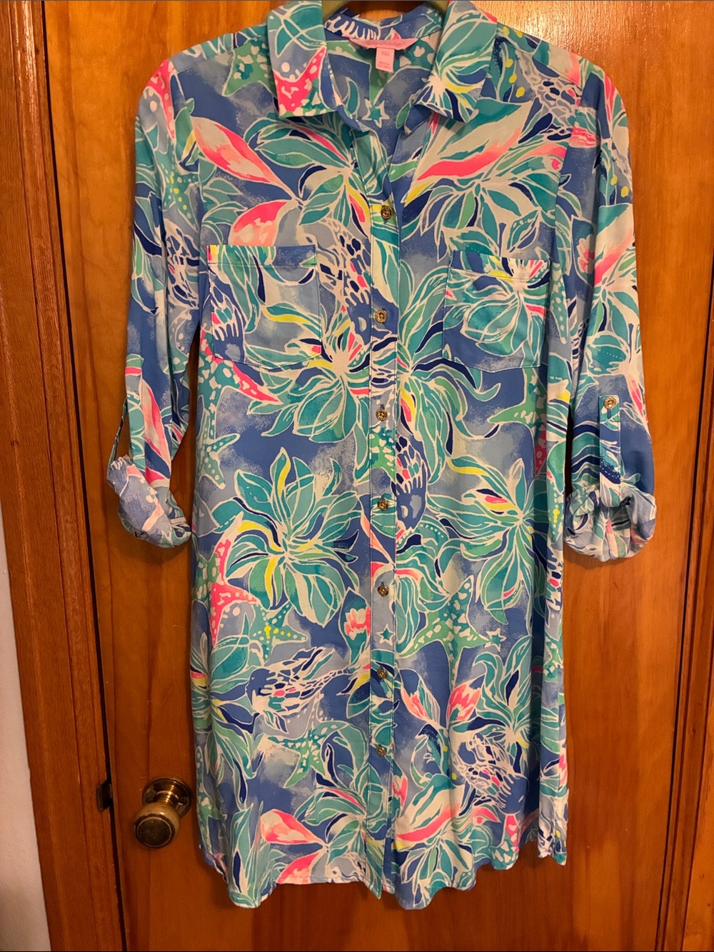 Lilly Pulitzer Blue Teal Pink Botanical Button-Front Dress shirt dress